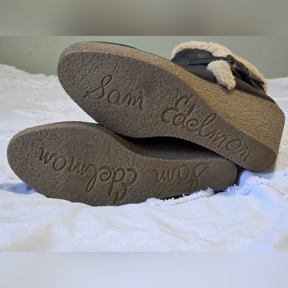 Sam Edelman Black Leather Wedge Zip Up Ankle Bootie Faux Sherpa Details Sz 9 - Picture 4 of 14